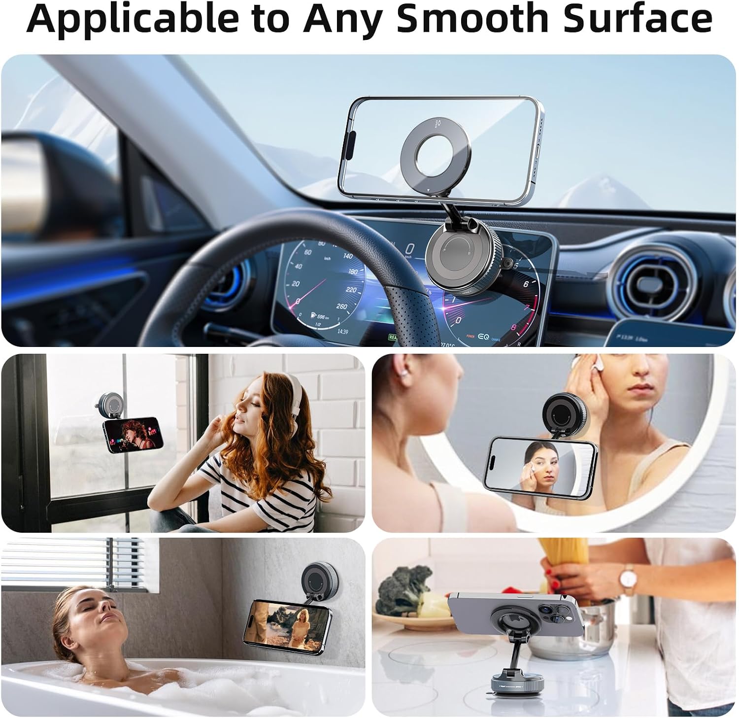 Vacuum Magnetic Phone Holder, 360° Adjustable Magnetic Car Mount, Foldable Portable Suction Cup Cell Phone Mount for Car/Gym/Mirror/Shower, Compatible with All Smartphones & All Car Models