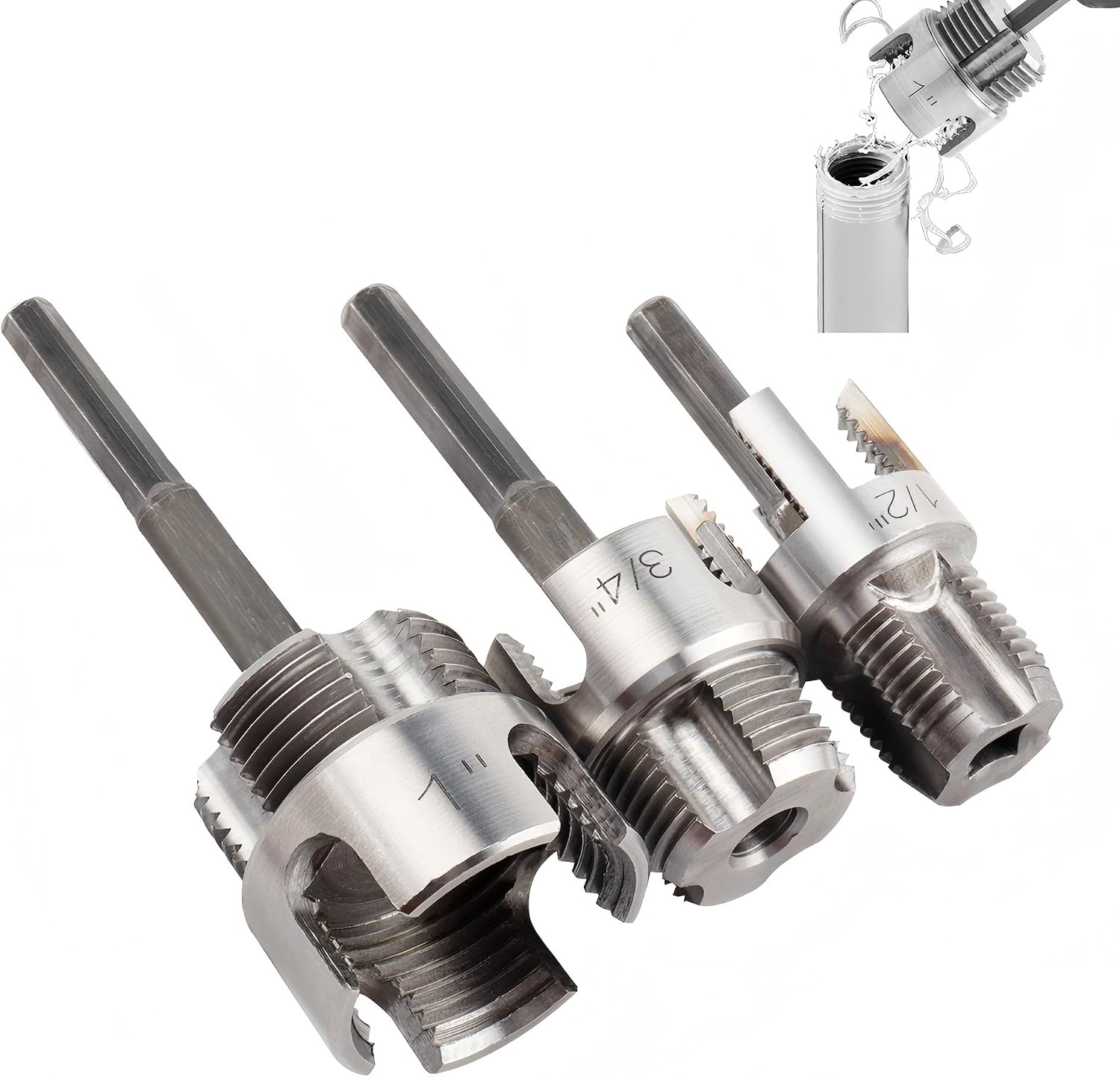 PVC Pipe Threader Set 1/2, 3/4 and 1 Inch | Integrated internal and external pipe threading tool, drill compatible, for plumbing repair PVC pipes and DIY projects