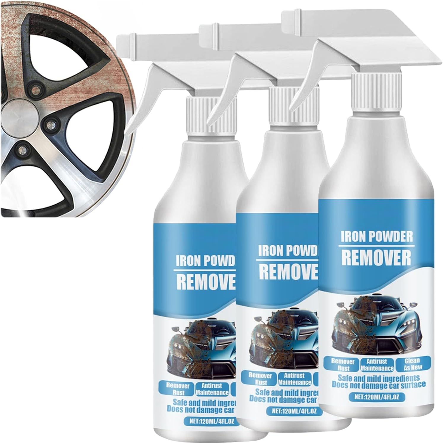 120ML Car Rust & Iron Particle Remover Spray, Heavy Duty Rust Cleaner, Fast Acting Rust Remover Spray for Cars, Brake Dust, Wheels & Metal Tools, Chains, Stainless Steel, Multi-Surface Cleaner
