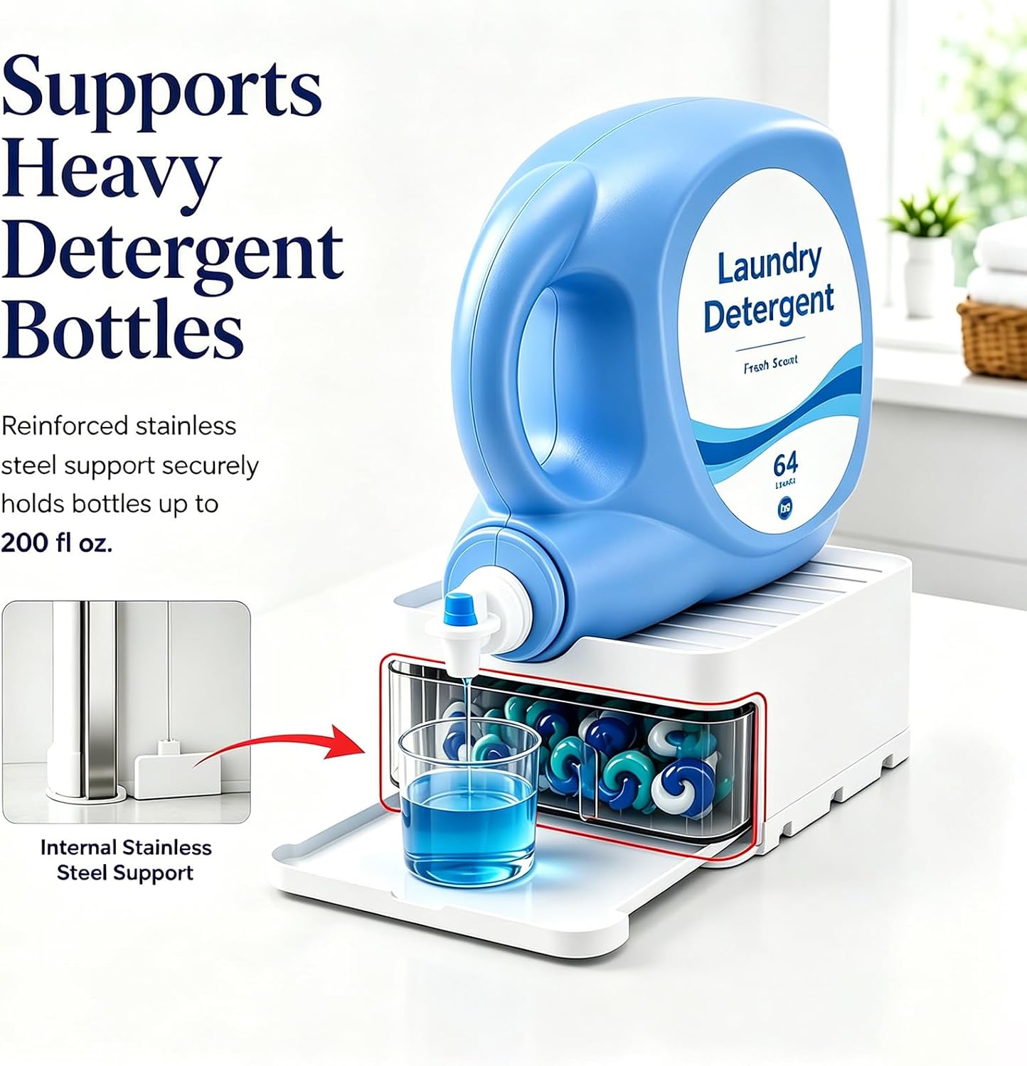 3-in-1 Laundry Detergent Organizer Stand with Pod Storage Drawer & Drip Tray, Detergent Dispenser Holder for Large Bottles, Laundry Capsule Storage Box
