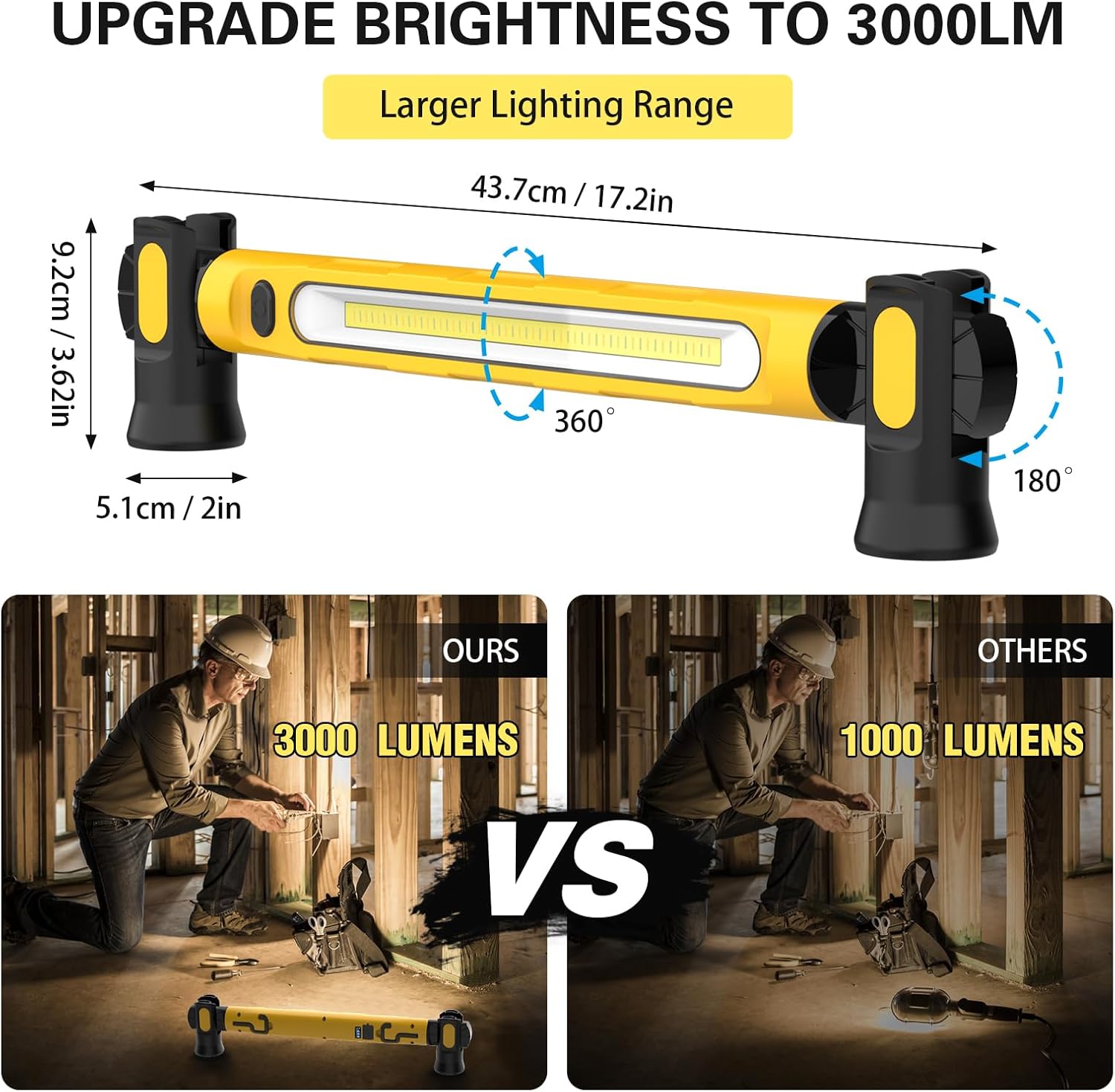 ERAY Magnetic LED Work Light, 6000mAh /3000LM Rechargeable Under Hood Work Light Bar - Mechanic Light with 3 Modes 360° Adjustable Waterproof, Car Repairing Inspection Garage Workshop Emergency