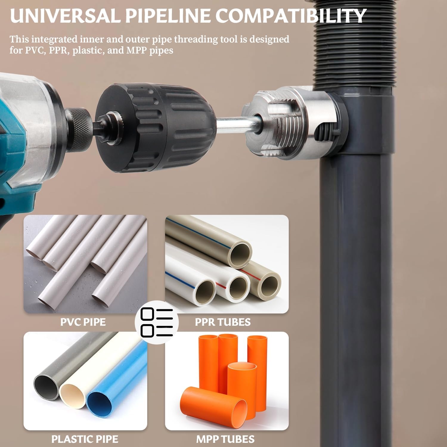 PVC Pipe Threader Set 1/2, 3/4 and 1 Inch | Integrated internal and external pipe threading tool, drill compatible, for plumbing repair PVC pipes and DIY projects
