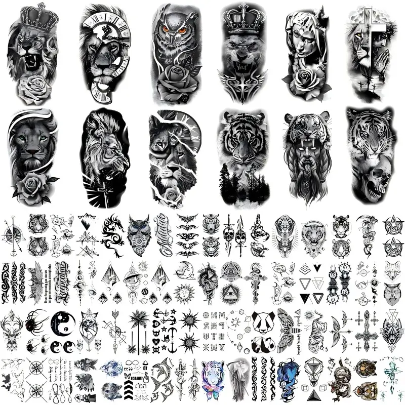 36/76 Sheets Large Black Temporary Tattoo Stickers - Tribal Wolves, Tigers, Lions, Snakes, Skulls, 12 Fake Tattoo Stickers for Men & Women Arm Designs