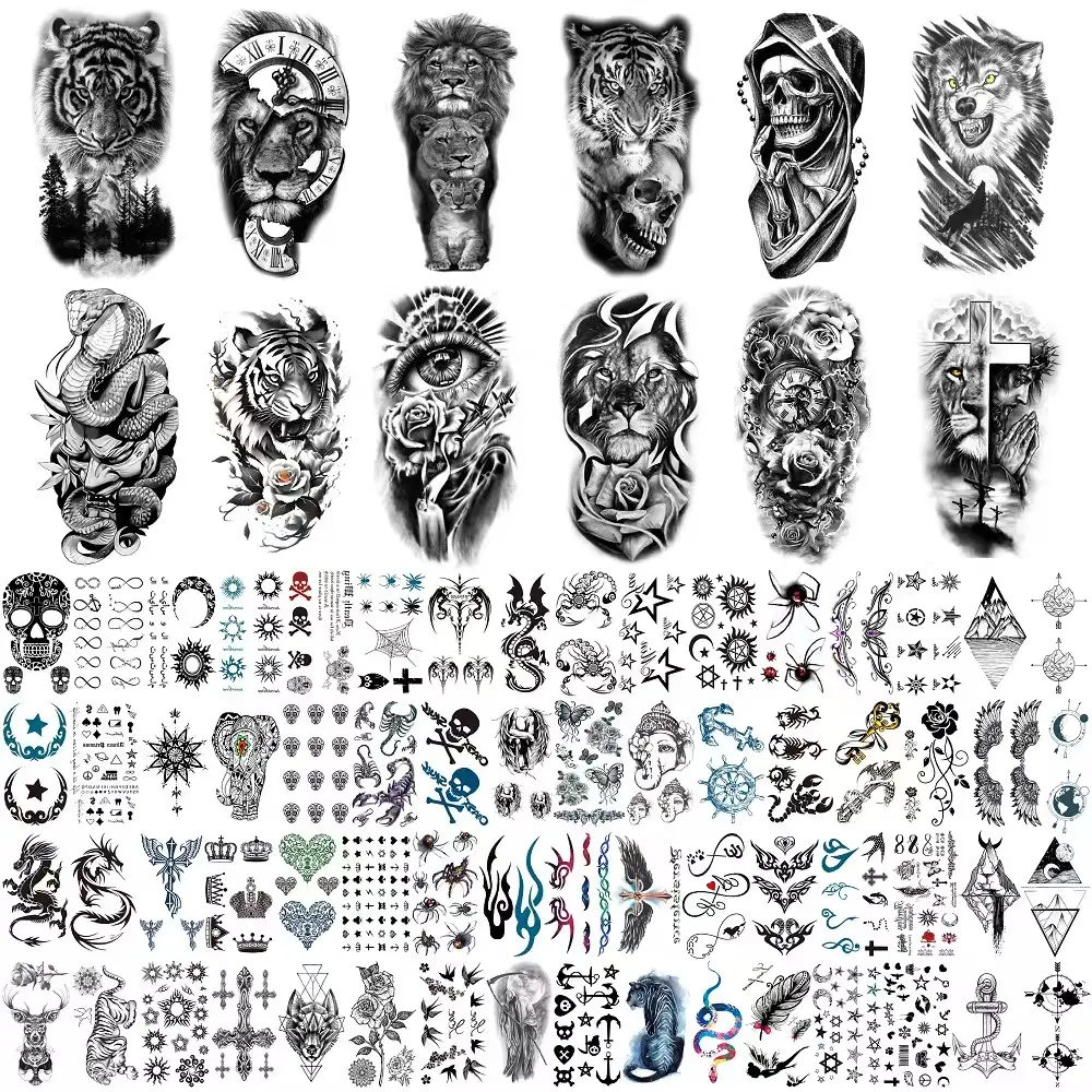 36/76 Sheets Large Black Temporary Tattoo Stickers - Tribal Wolves, Tigers, Lions, Snakes, Skulls, 12 Fake Tattoo Stickers for Men & Women Arm Designs