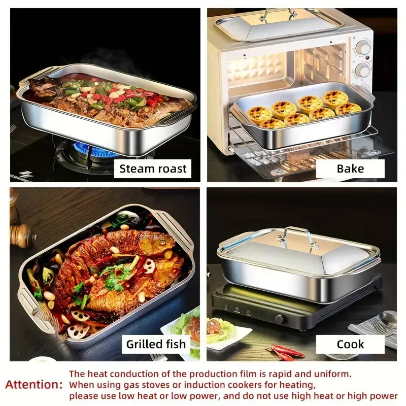 Stainless Steel Bakeware Sets - Large Cap Heavy-Duty Pans, High-Temp Res. Kitchen Trays for Home/Commercial BBQ, Family Gatherings (Fish Baking, Seafood Buffet, Food Storage Use)