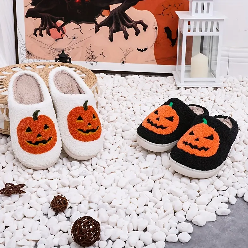 Women Men Comfy Faux Fur Lined Skull Pumpkin Plush Slippers Antislip Soft Sole House Shoes Bedroom Shoes Flat Slides Fluffy Footwear Halloween gift