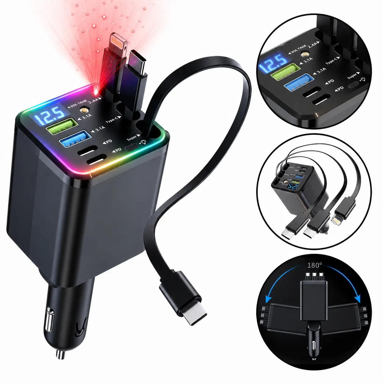 Ultimate Power Station for Phone, Pad & Laptop,Car Charger: Starry LED,Atmosphere Lamp,1-Click Galaxy Projector,Star Projector Tangle-Free Retractable Cables & Super Fast Charge,PD20W,USB-A 65W,All 120W Max,Power Hub