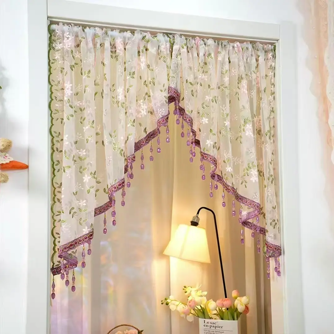 Hole-free French floral door curtains | Luxurious lace curtains with hanging crystal beads, ideal for decorating rented properties