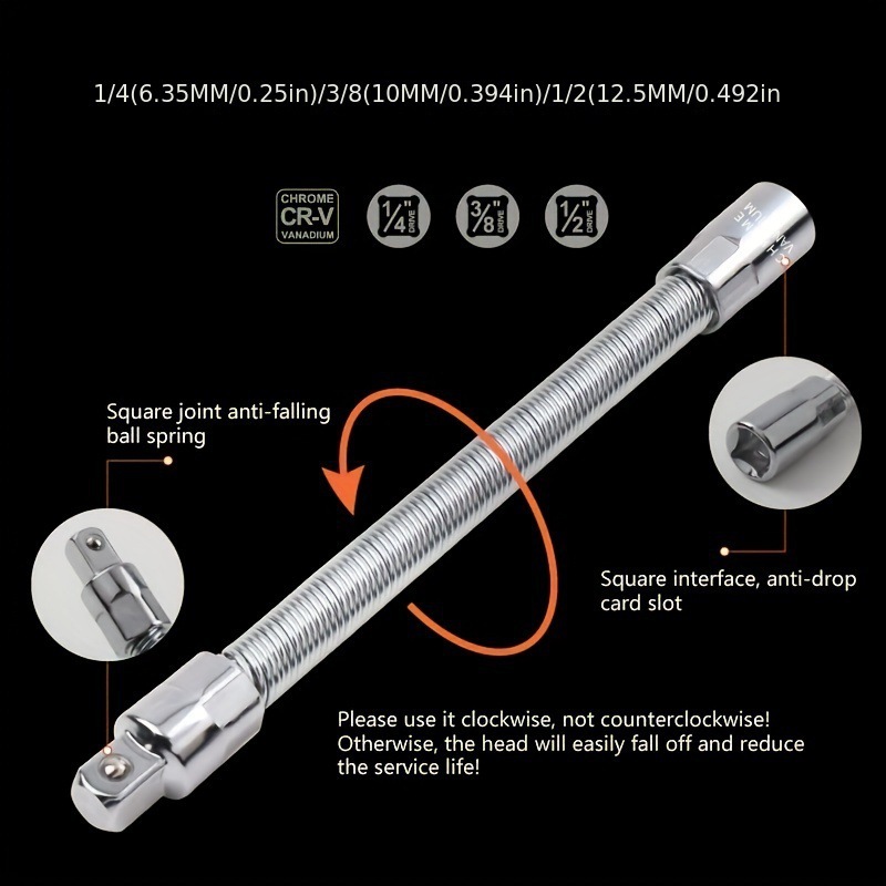 Flexible Extension Bar Set, 1/2", 3/8", 1/4" Silver Flexible Socket Wrench Extension Drive Socket Driver Handle 3Pcs