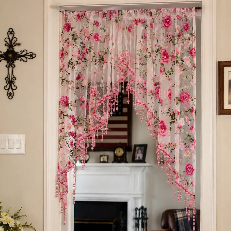 Hole-free French floral door curtains | Luxurious lace curtains with hanging crystal beads, ideal for decorating rented properties