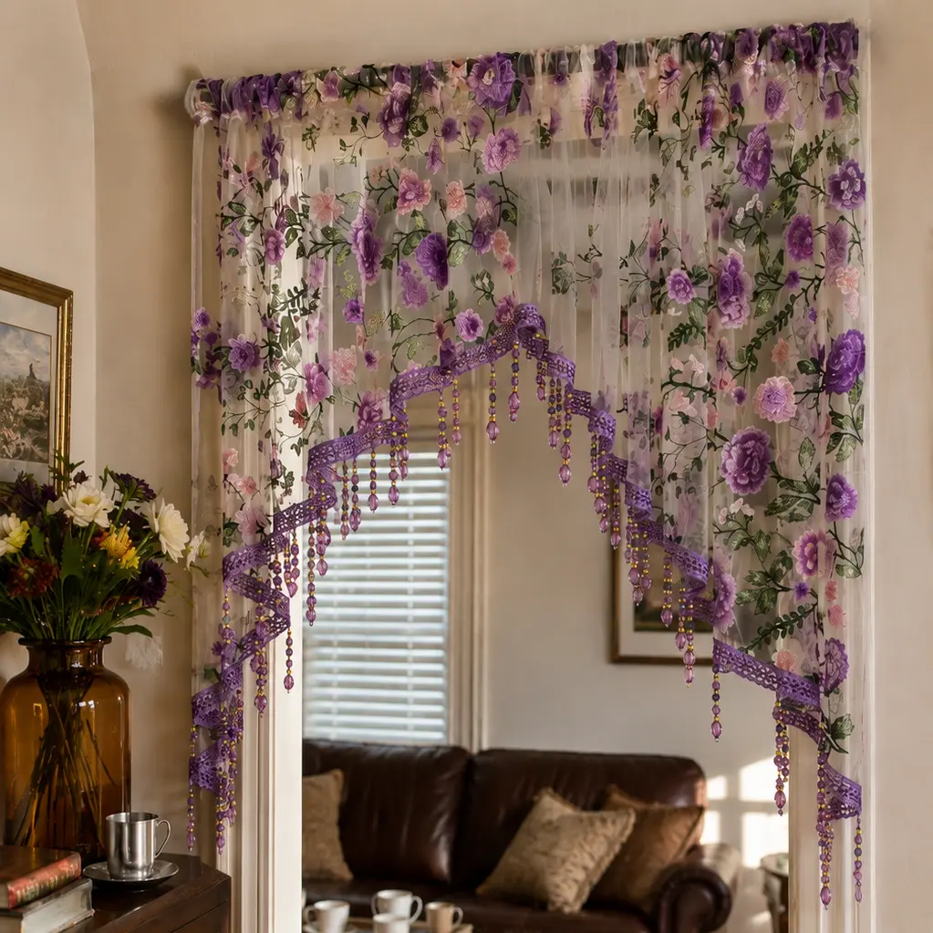 Hole-free French floral door curtains | Luxurious lace curtains with hanging crystal beads, ideal for decorating rented properties