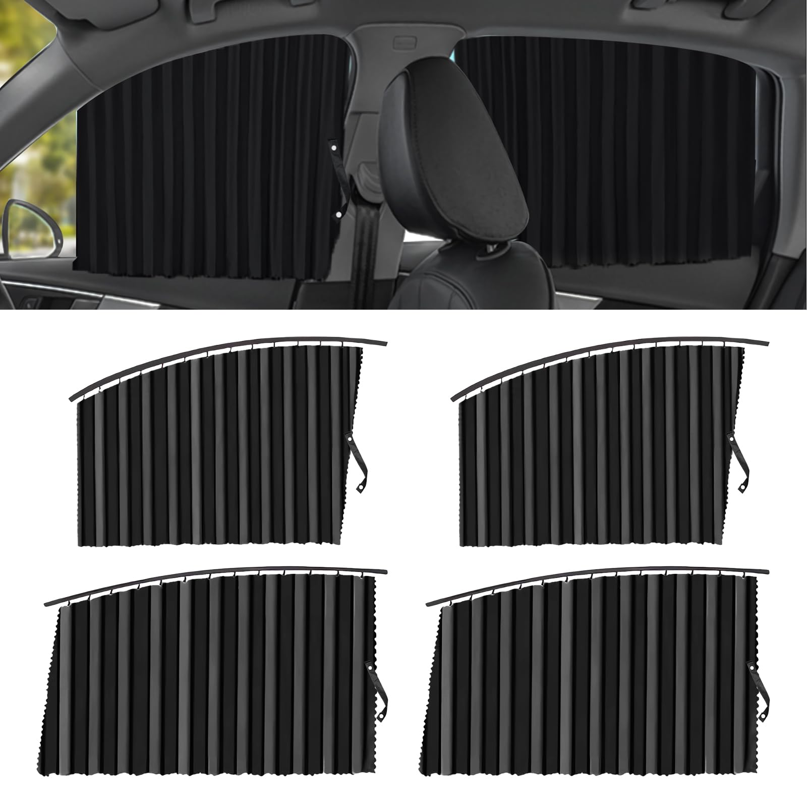 Magnetic Track Car Window Sun Shade Curtain – 4 Pack Retractable Privacy Covers for Side Windows, UV Protection & Blackout Blinds for Camping, Travel & Daily Driving