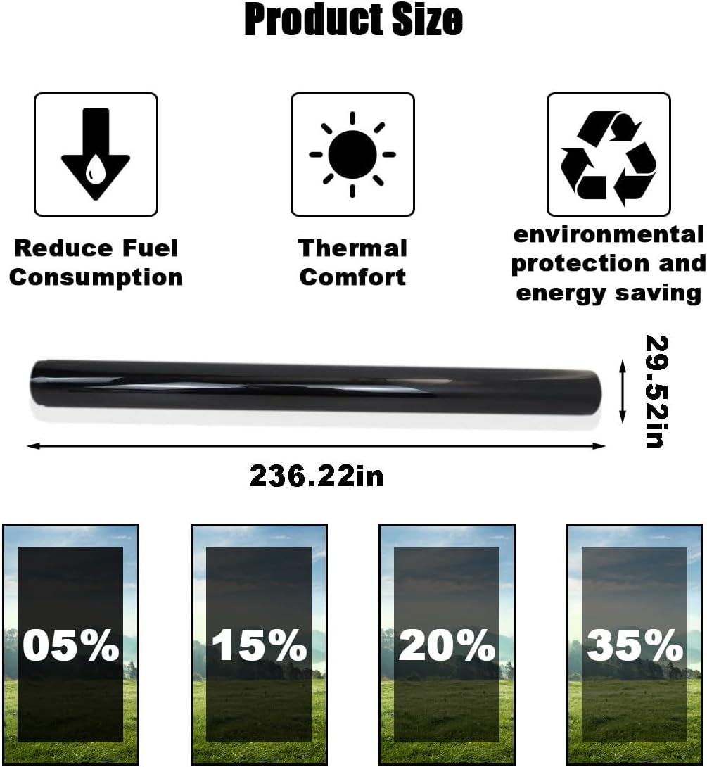 Car Window Tint Film for Auto Sun Shade Roll Width 20"×Length 19.68Ft Universal Dark Vinyl Protection Film with 5/15/20/35% VLT, Privacy Sunlight Heat UV Block Protection & Scratch Resistant