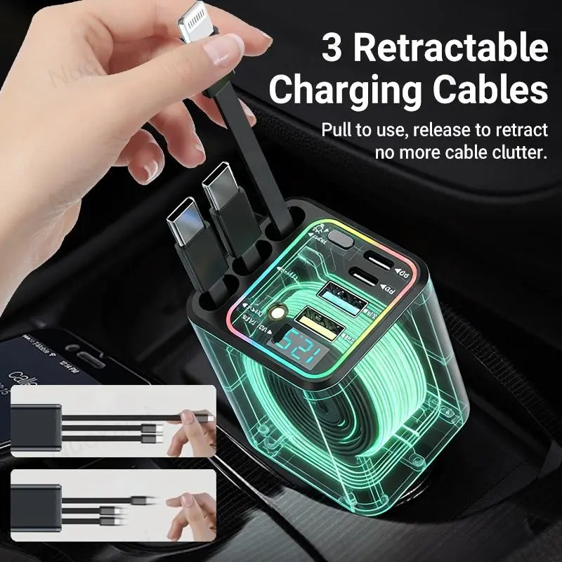 Ultimate Power Station for Phone, Pad & Laptop,Car Charger: Starry LED,Atmosphere Lamp,1-Click Galaxy Projector,Star Projector Tangle-Free Retractable Cables & Super Fast Charge,PD20W,USB-A 65W,All 120W Max,Power Hub
