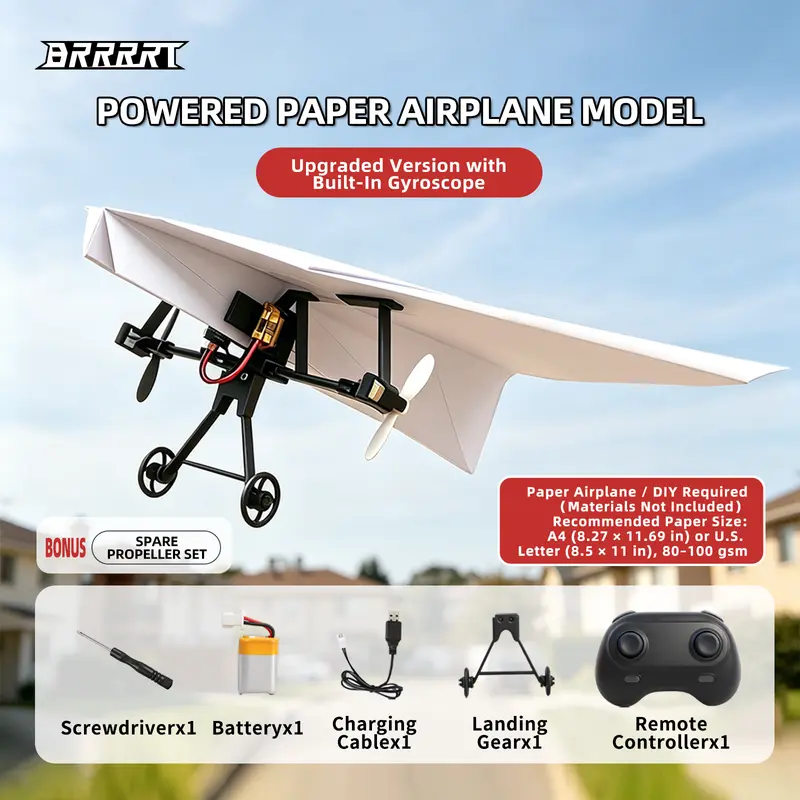 BRRRRT Power-Up RC Paper Airplane Kit with Gyro Stabilizer – DIY Electric Remote Control Plane with Dual Propellers, Lightweight Foldable Flying STEM Toy for Kids & Adults, Perfect Birthday Gift