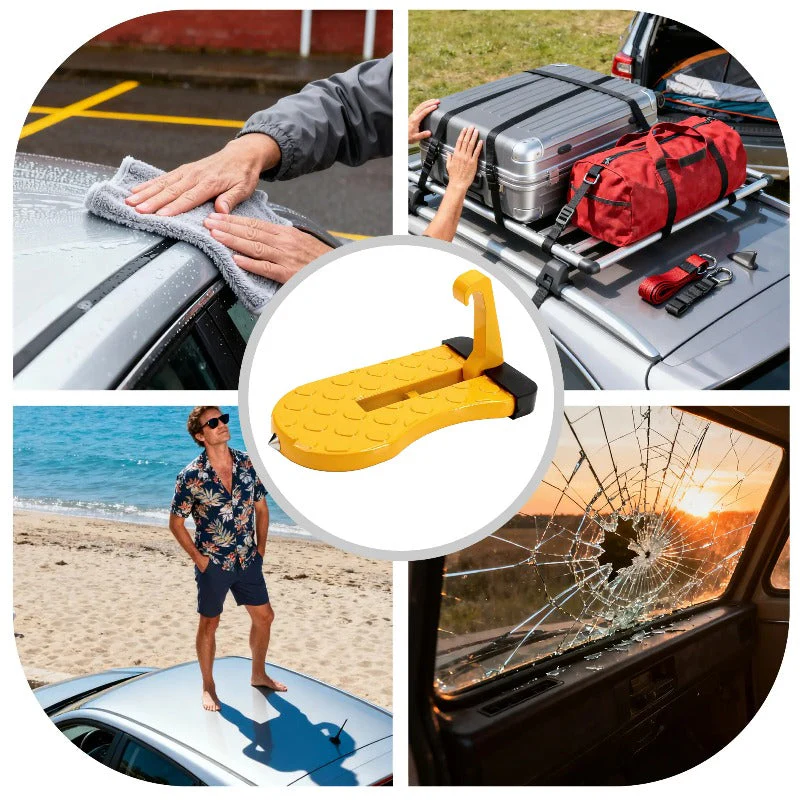 Car Doorstep Vehicle Hooked Folding Ladder Foot Pegs Pedal with Safety Hammer Function for Easy Access to Car Rooftop U Shaped Doorstep Compatible with SUV RV Off-Road