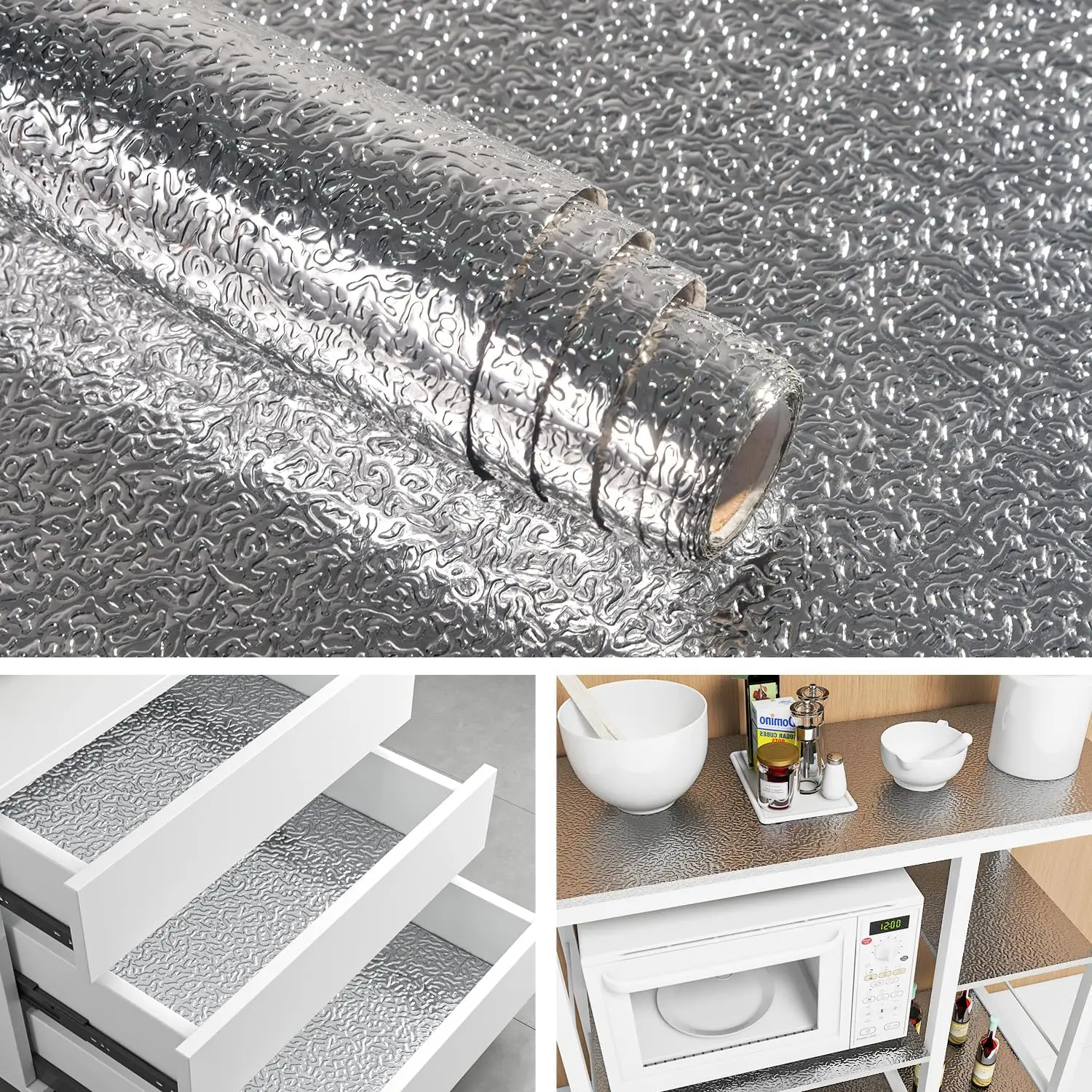 Livelynine Silver Contact Paper for Kitchen Oil Proof Waterproof Sticker Aluminum Foil Kitchen Wallpaper Backsplash Peel and Stick Self Adhesive Shelf Liners for Drawer Removable
