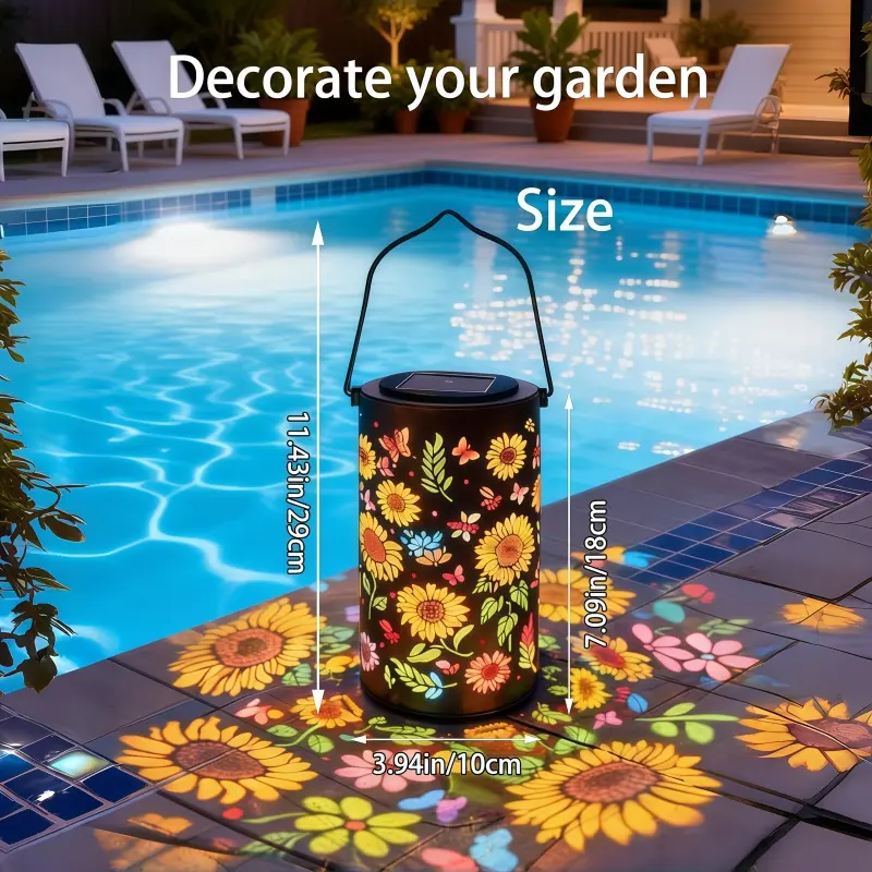Colorful Sunflower Glow Solar Garden Lantern, Outdoor Waterproof Hanging Solar Light with Butterfly & Sunflower Projection Effect. Metal Decorative Light for Patio, Yard, Pathway, Garden & Ideal Gift Choice