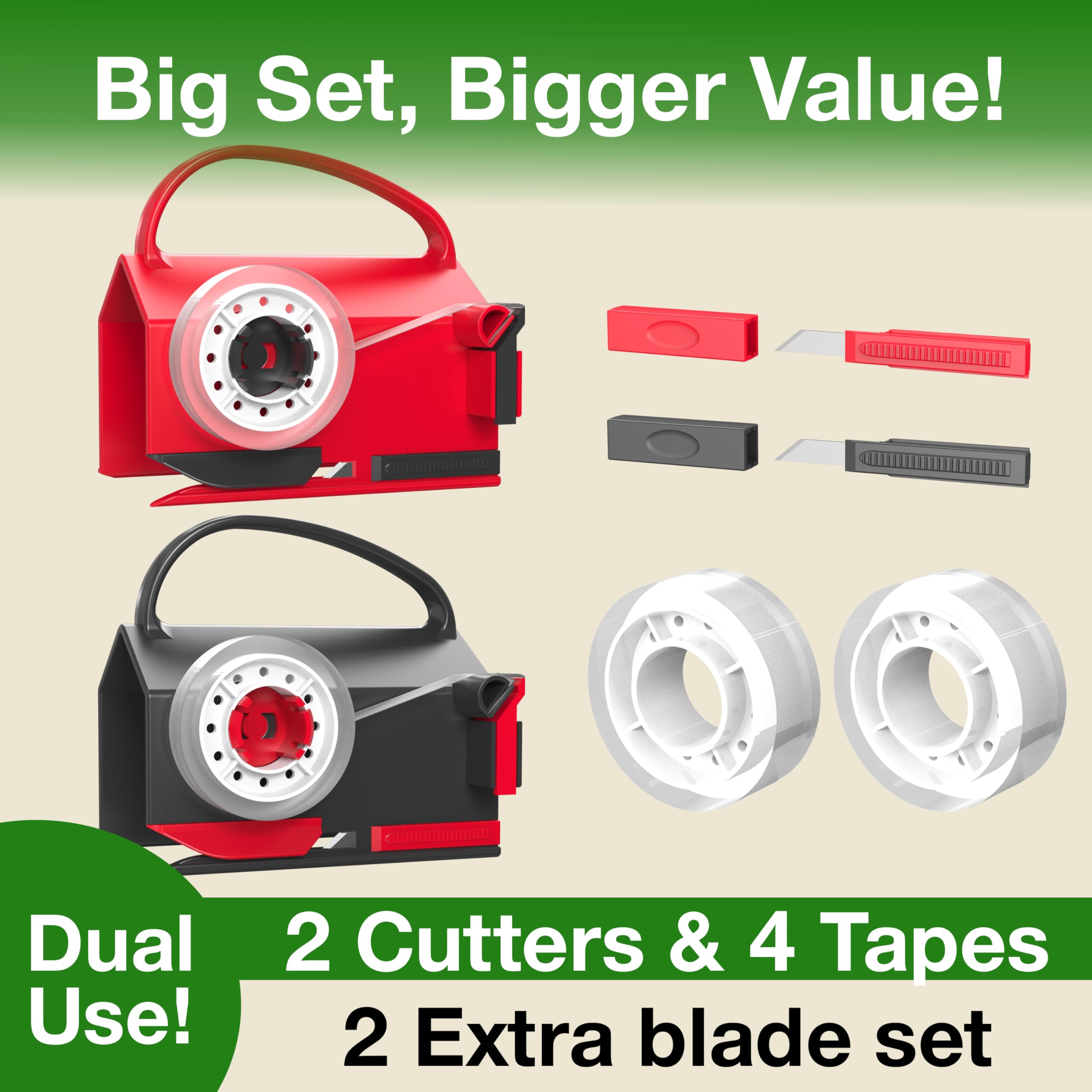 DHG 2 Pack Dual-Use Wrapping Paper Cutter & Tape Dispenser Kit, Includes 4 Rolls Tape & 2 Replacement Blades, Sliding Roll Slicer Holder for Christmas Kraft Cellophane Paper, Home Office Classroom Birthday Gift Cutting Supplies DHG 2 Pack Dual-Use Wrapping Paper Cutter & Tape Dispenser Kit, Includes 4 Rolls Tape & 2 Replacement Blades, Sliding Roll Slicer Holder for Christmas Kraft Cellophane Paper, Home Office Classroom Birthday Gift Cutting Supplies