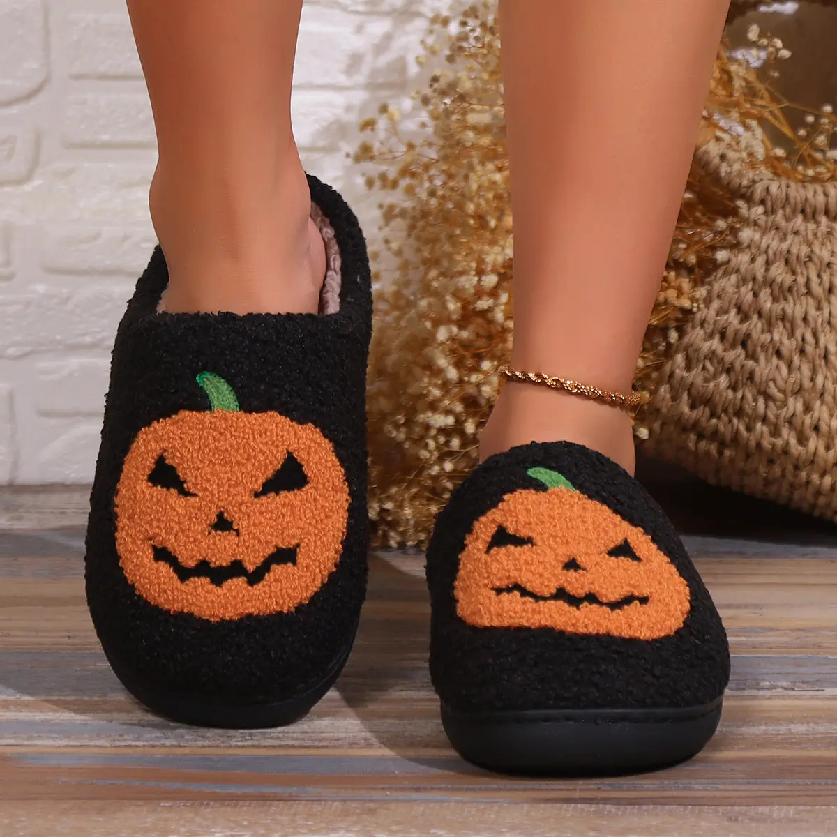 Women Men Comfy Faux Fur Lined Skull Pumpkin Plush Slippers Antislip Soft Sole House Shoes Bedroom Shoes Flat Slides Fluffy Footwear Halloween gift