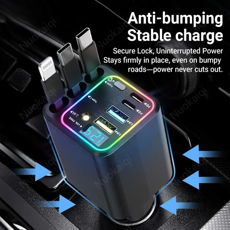 Ultimate Power Station for Phone, Pad & Laptop,Car Charger: Starry LED,Atmosphere Lamp,1-Click Galaxy Projector,Star Projector Tangle-Free Retractable Cables & Super Fast Charge,PD20W,USB-A 65W,All 120W Max,Power Hub