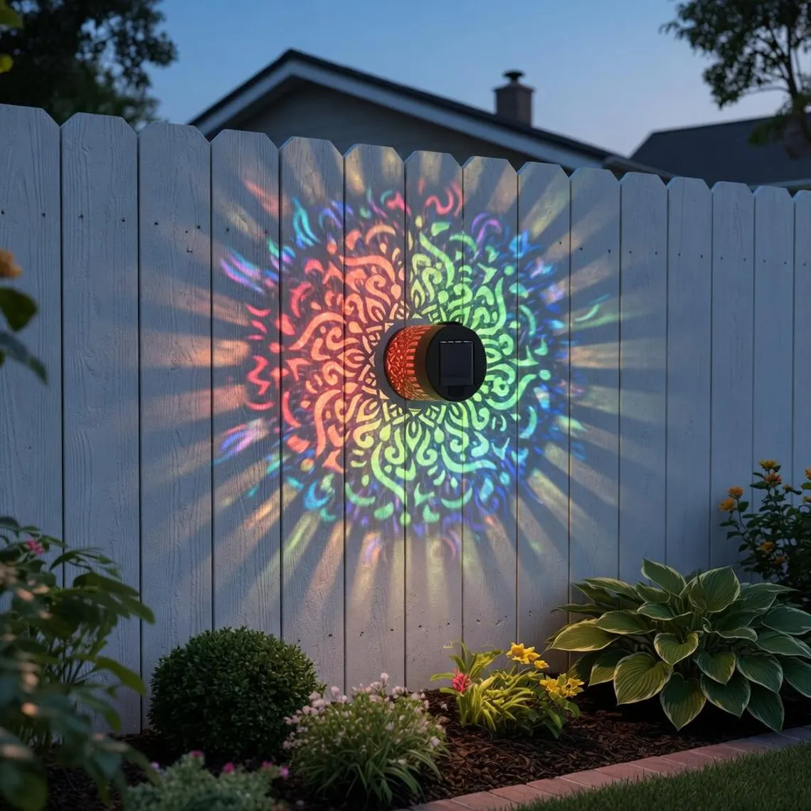 Solar Mandala Wall Light Outdoor Garden Fence Projector Lamp Patio Ambient Decor