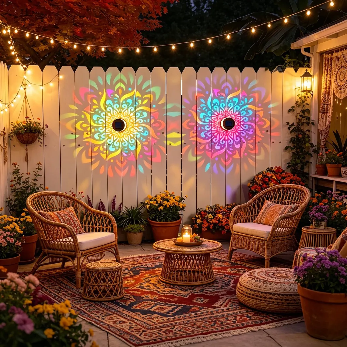 Solar Mandala Wall Light Outdoor Garden Fence Projector Lamp Patio Ambient Decor