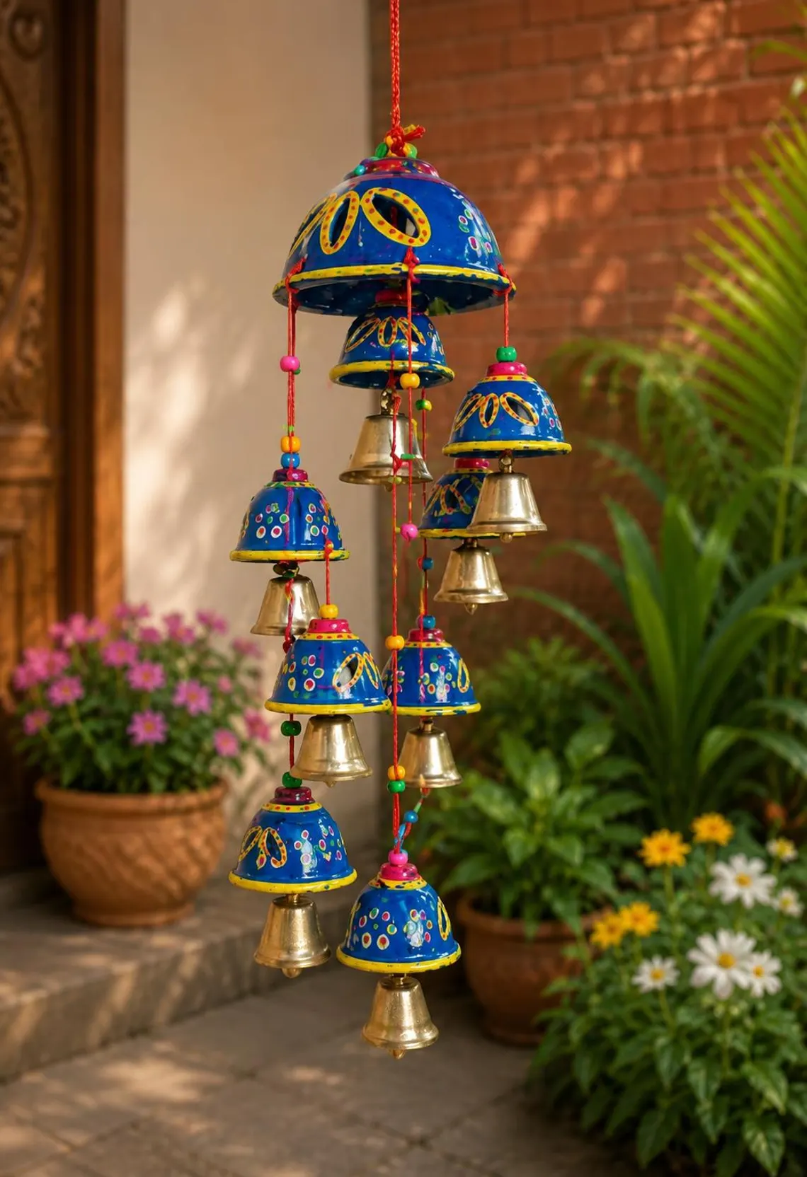 Handcrafted Blue Terracotta Wind Chime - Decorative Hanging Bells for Home & Garden