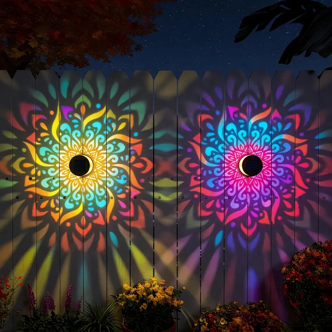Solar Mandala Wall Light Outdoor Garden Fence Projector Lamp Patio Ambient Decor