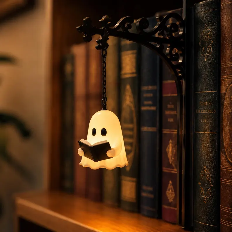 Gothic Bookshelf Lamp, Book Lover Gift, Hanging Lantern or Ghost Light, Cozy Reading Nook Shelf Decor