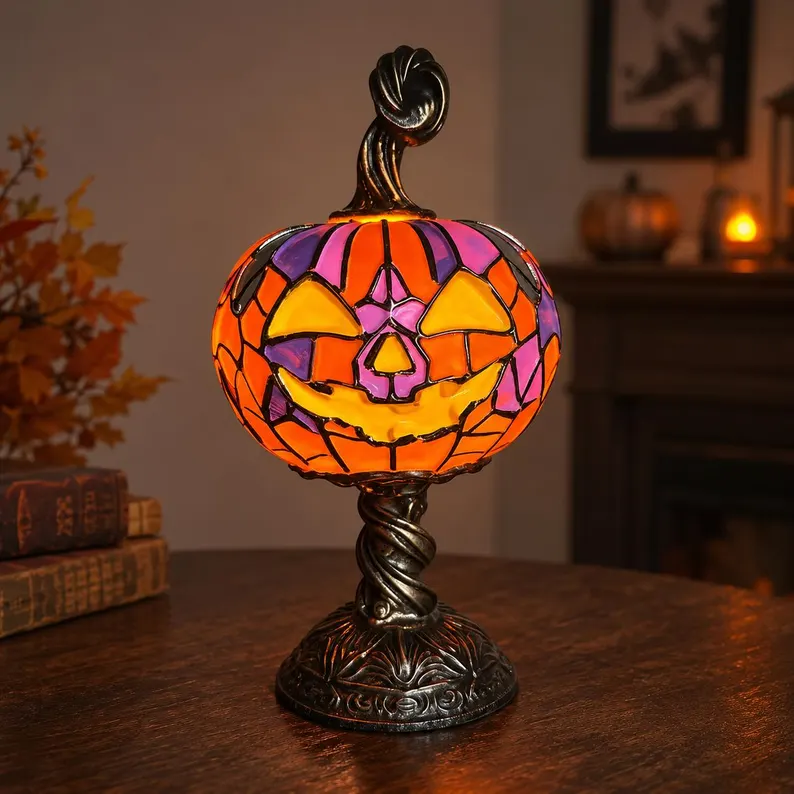 🎃🎃🎃 Stained Glass Pumpkin Night Light, Vintage Jack O Lantern Lamp, Halloween Desk Decor