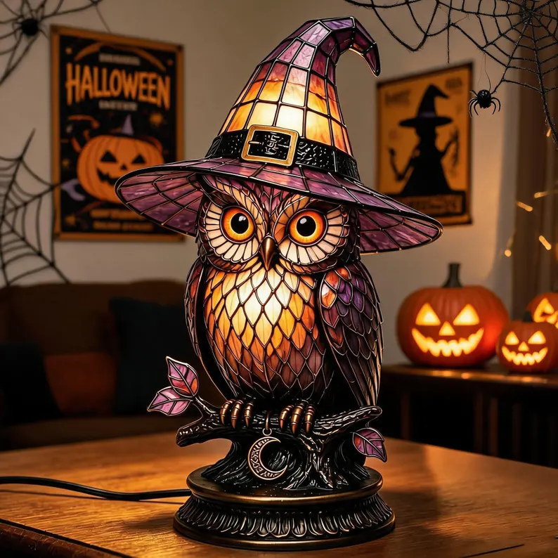 🎃💀🦇🐱🦉👻Stained Witch Hat Table Lamp, Halloween Gothic Cat Skull Owl Desk Lamp, Vintage Ambient Light Decor Gift