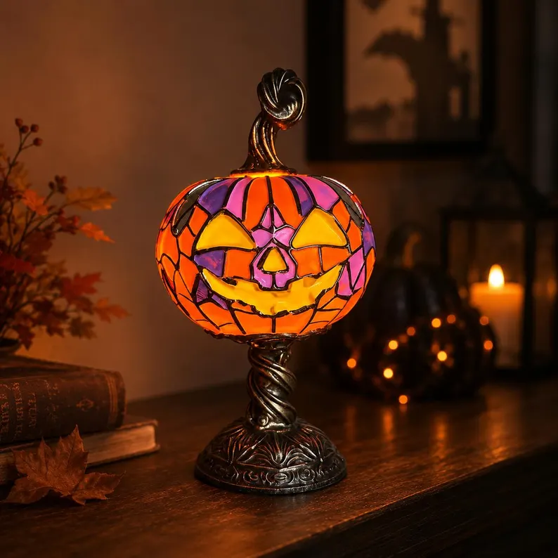 🎃🎃🎃 Stained Glass Pumpkin Night Light, Vintage Jack O Lantern Lamp, Halloween Desk Decor