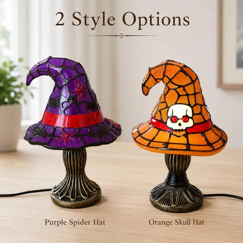 🎃Witch Hat Lamp for Halloween Decor, Stained Glass Style Table Light, Purple Spider or Orange Skull, Gothic Gift