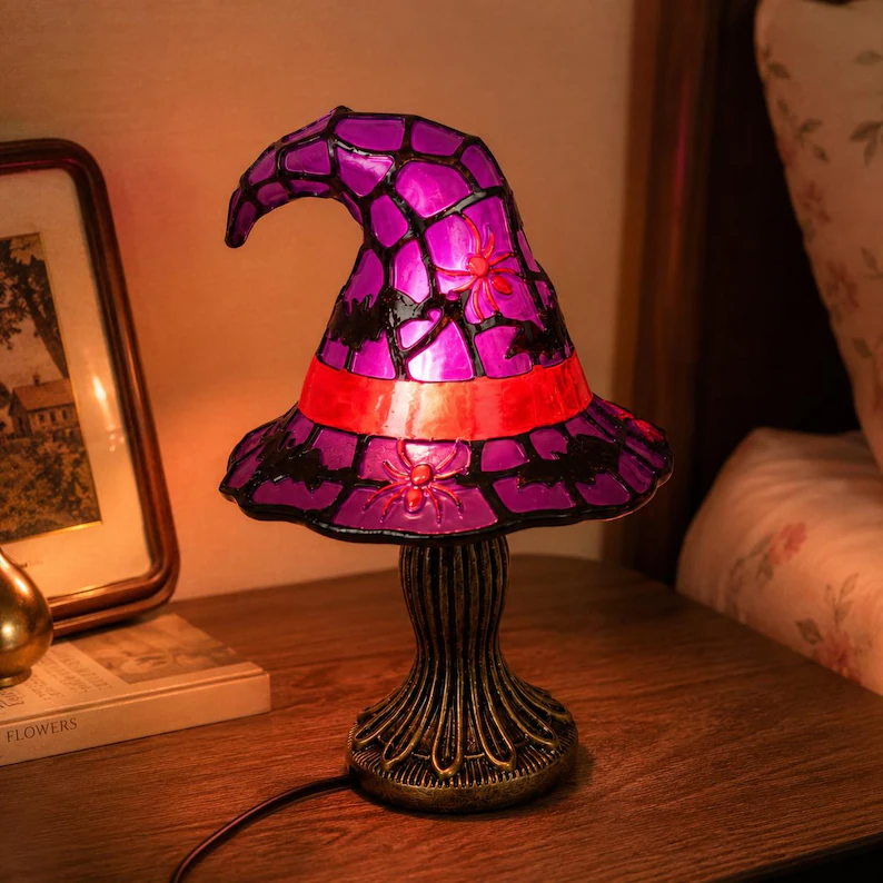 🎃Witch Hat Lamp for Halloween Decor, Stained Glass Style Table Light, Purple Spider or Orange Skull, Gothic Gift