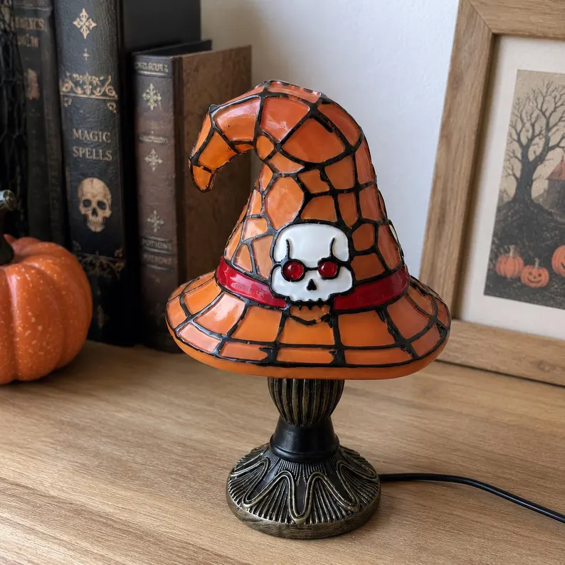 🎃Witch Hat Lamp for Halloween Decor, Stained Glass Style Table Light, Purple Spider or Orange Skull, Gothic Gift