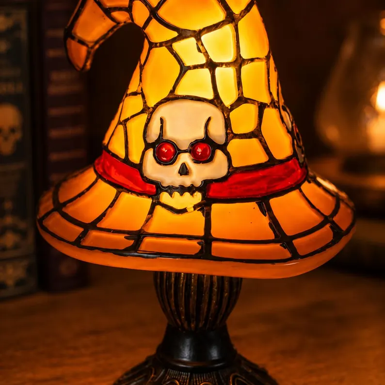 🎃Witch Hat Lamp for Halloween Decor, Stained Glass Style Table Light, Purple Spider or Orange Skull, Gothic Gift