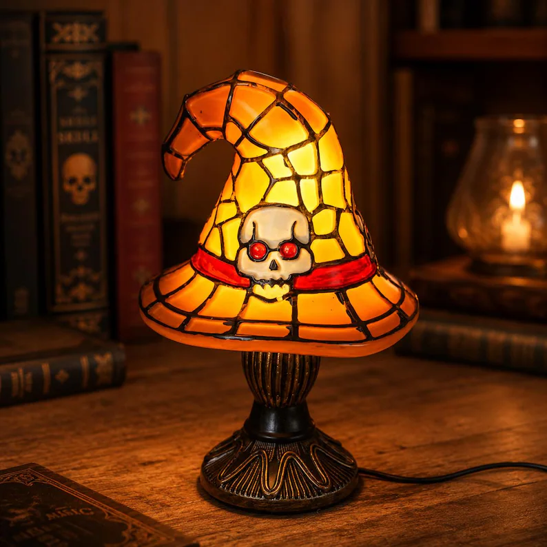 🎃Witch Hat Lamp for Halloween Decor, Stained Glass Style Table Light, Purple Spider or Orange Skull, Gothic Gift