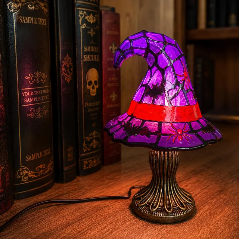 🎃Witch Hat Lamp for Halloween Decor, Stained Glass Style Table Light, Purple Spider or Orange Skull, Gothic Gift