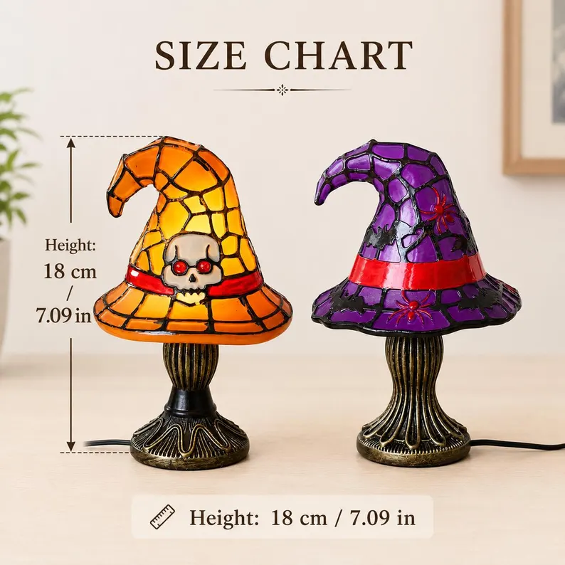 🎃Witch Hat Lamp for Halloween Decor, Stained Glass Style Table Light, Purple Spider or Orange Skull, Gothic Gift