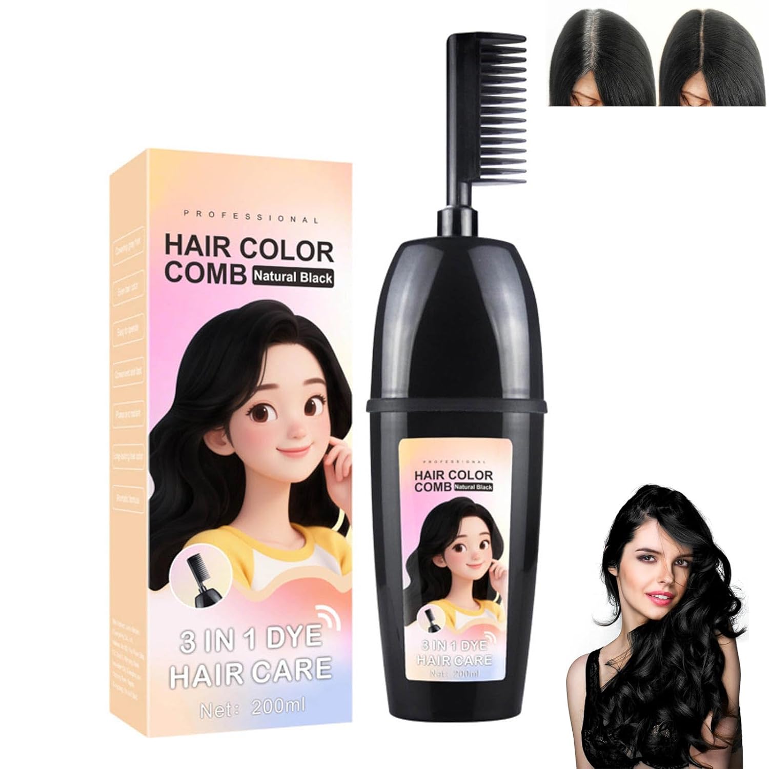 3-In-1 Hair Dye Comb With Built-In Brush, Portable Hair dye, Plant-based Hair Dye, Gentle Gray Hair Coverage, Easy To Use