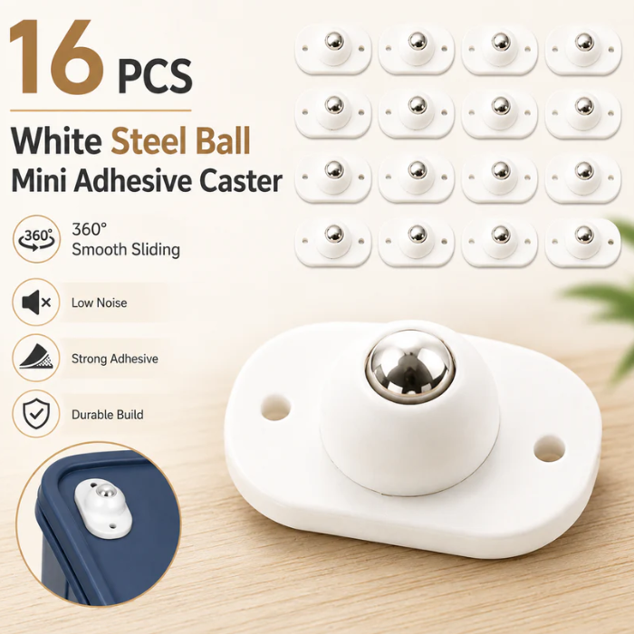 16 Pcs Self Adhesive Mini Caster Wheels 360° Swivel Mini Appliance Rollers Smooth Rotation Appliance Ball Sliders Universal Wheel Transfers for Storage Box Small Furniture Kitchen Appliances