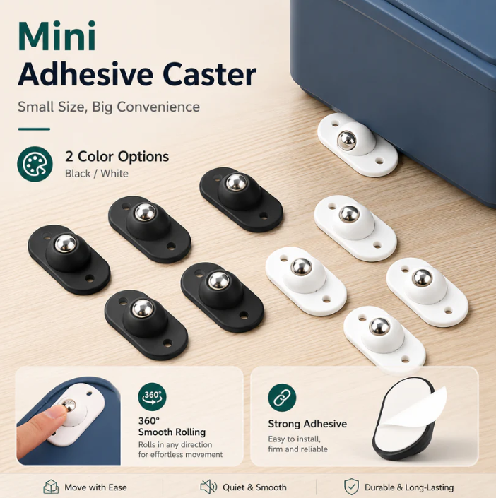 16 Pcs Self Adhesive Mini Caster Wheels 360° Swivel Mini Appliance Rollers Smooth Rotation Appliance Ball Sliders Universal Wheel Transfers for Storage Box Small Furniture Kitchen Appliances