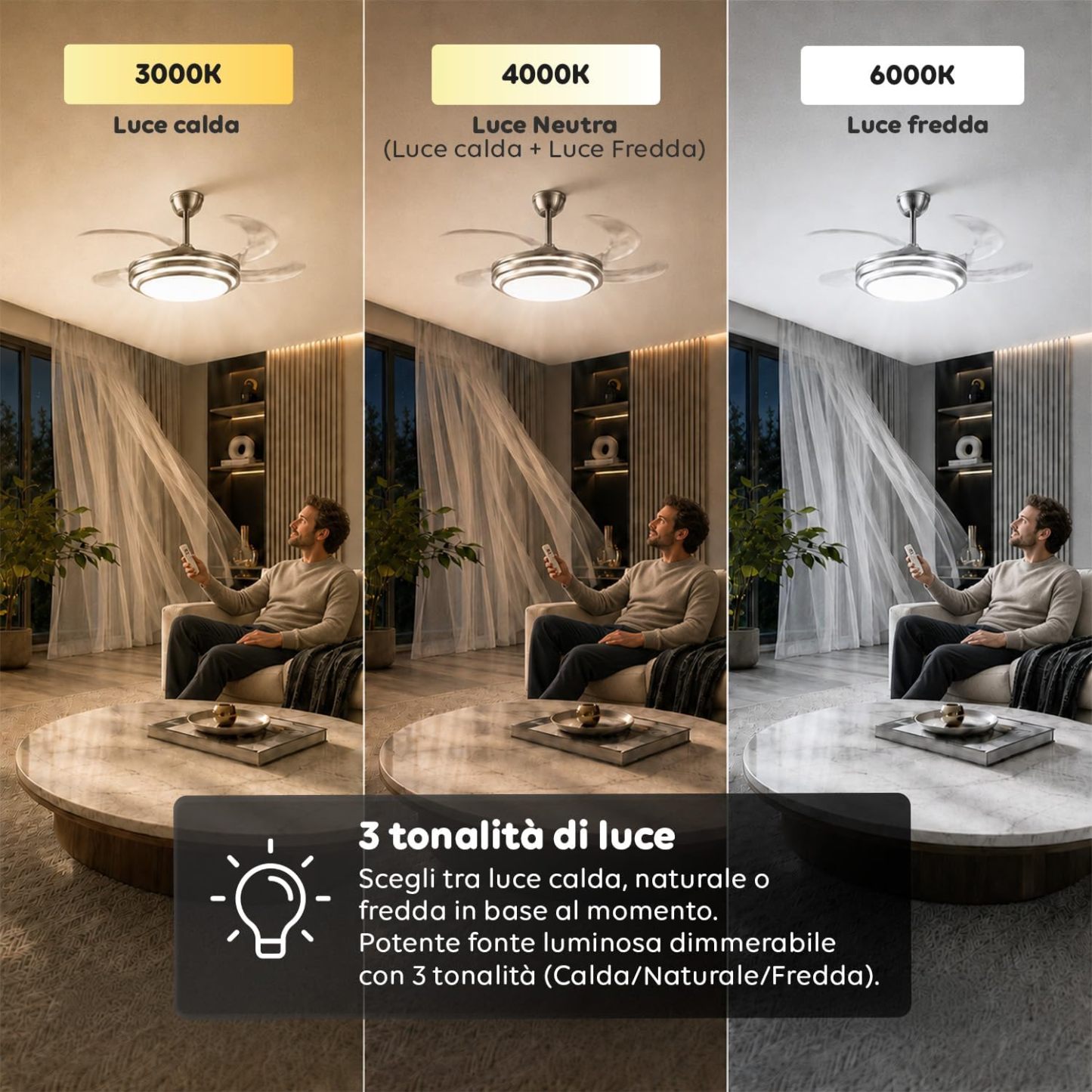 Ventilatore da Soffitto LED con Pale Pieghevoli, 6 Velocità, Luce Dimmerabile 72W a 3 Tonalità, Silenzioso