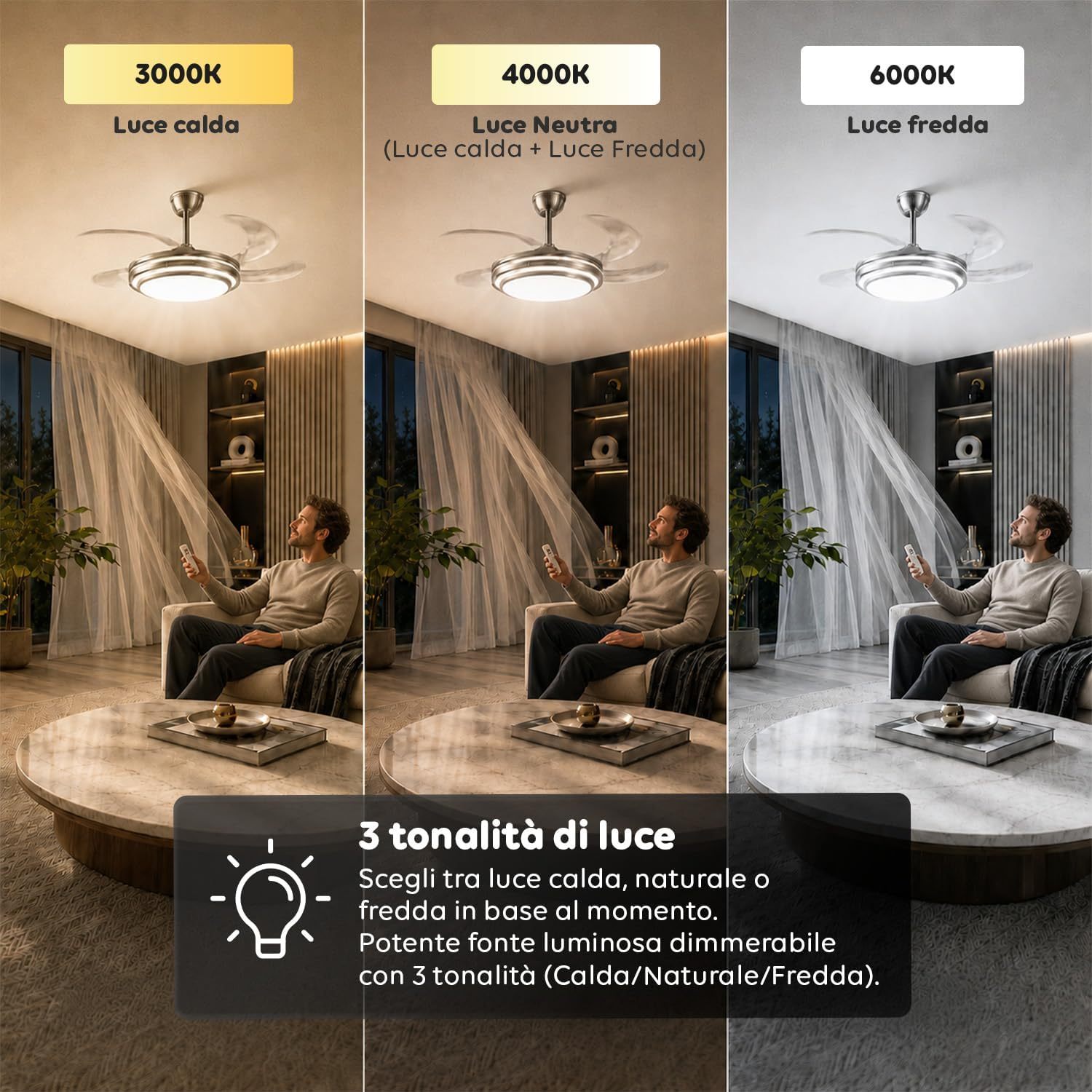 Ventilatore da Soffitto LED con Pale Pieghevoli, 6 Velocità, Luce Dimmerabile 72W a 3 Tonalità, Silenzioso