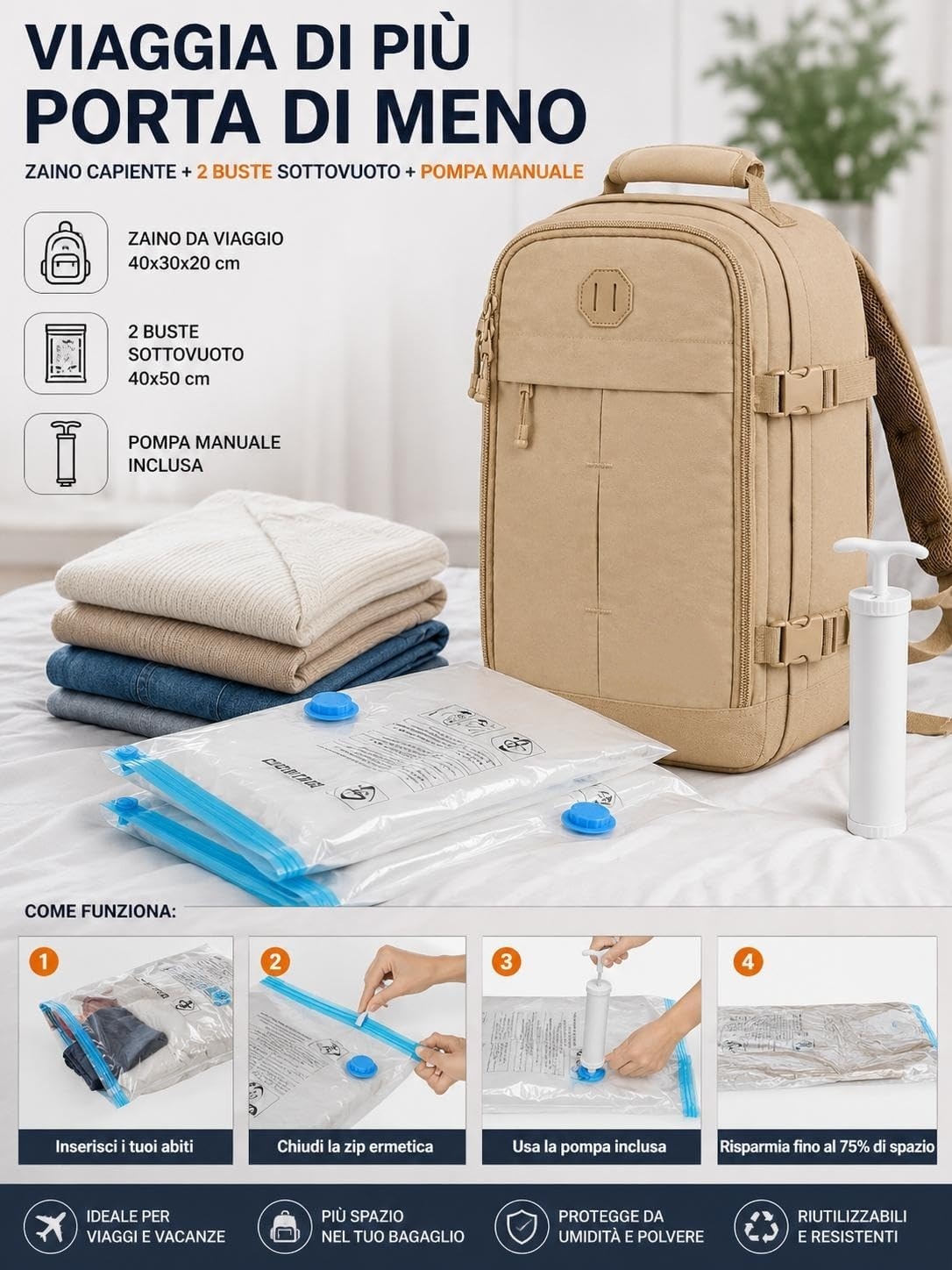 Zaino Bagaglio a Mano 40x30x20 cm con Sacche Sottovuoto e Pompa Manuale, Zaino da Viaggio Salvaspazio