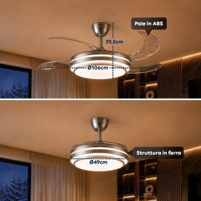 Ventilatore da Soffitto LED con Pale Pieghevoli, 6 Velocità, Luce Dimmerabile 72W a 3 Tonalità, Silenzioso