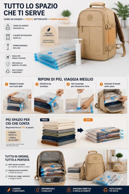 Zaino Bagaglio a Mano 40x30x20 cm con Sacche Sottovuoto e Pompa Manuale, Zaino da Viaggio Salvaspazio