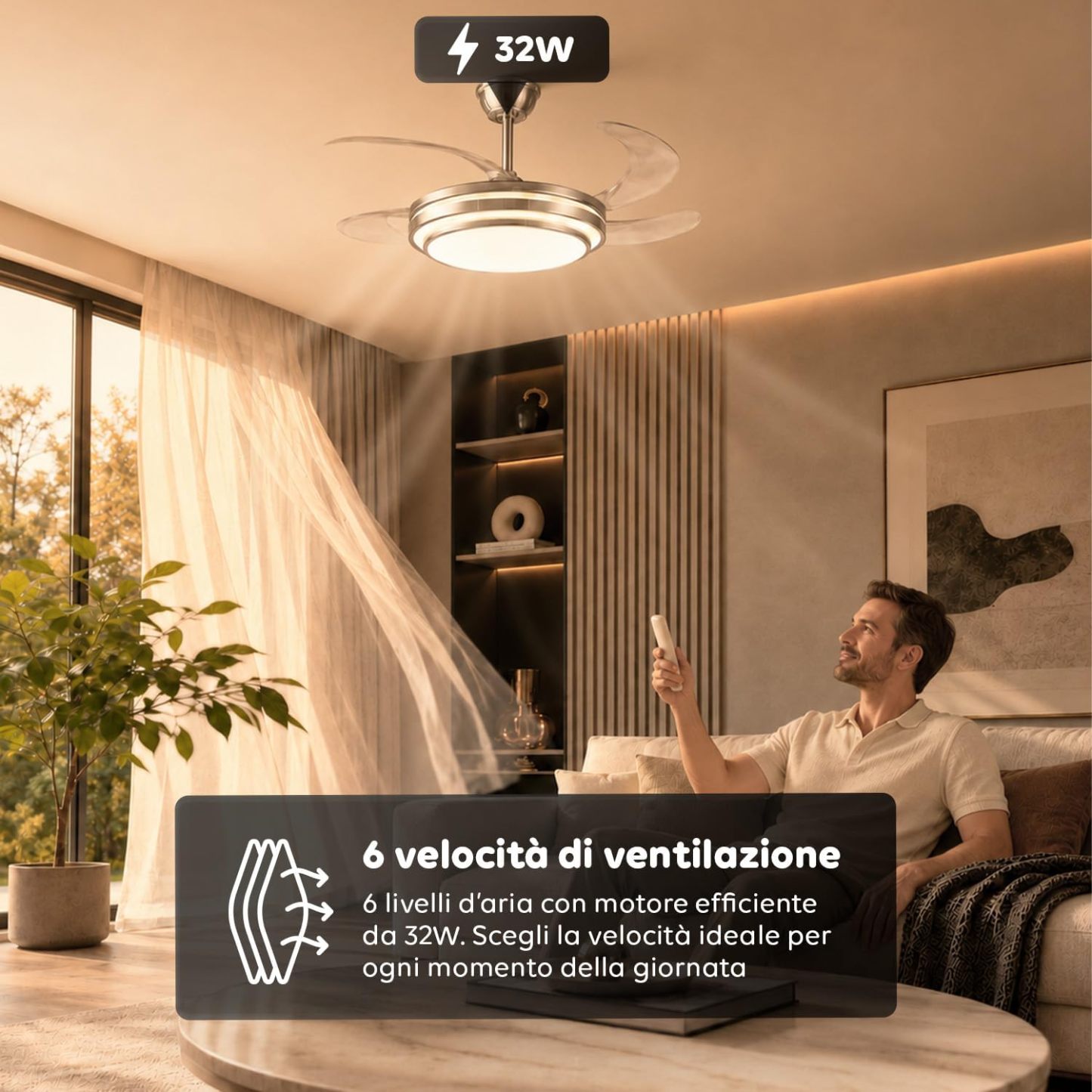 Ventilatore da Soffitto LED con Pale Pieghevoli, 6 Velocità, Luce Dimmerabile 72W a 3 Tonalità, Silenzioso