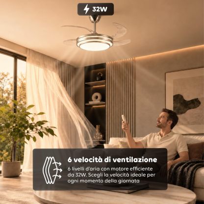 Ventilatore da Soffitto LED con Pale Pieghevoli, 6 Velocità, Luce Dimmerabile 72W a 3 Tonalità, Silenzioso